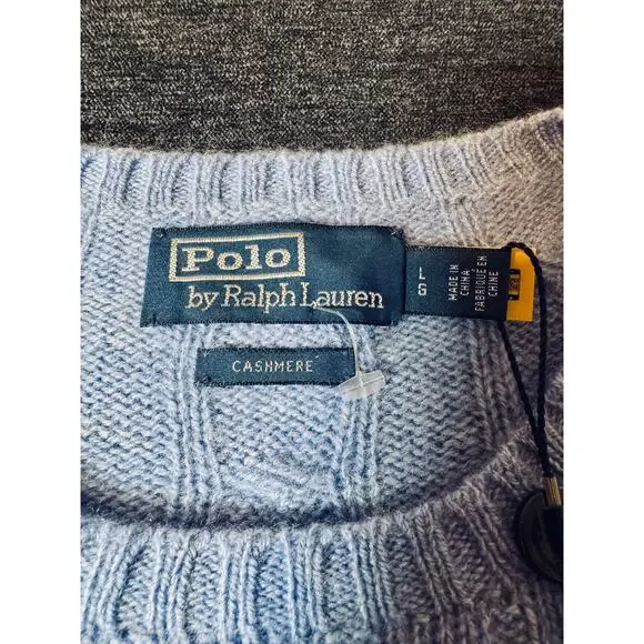 POLO Ralph Lauren Cashmere Light Blue Cable Knit Pullover Sweater Men's L NWT!